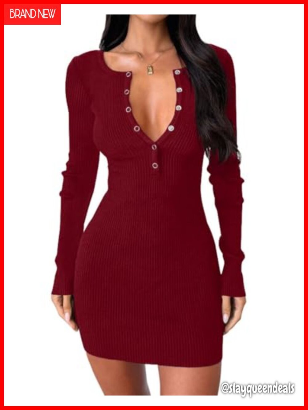 Women Long Sleeve V Neck Button Down Knit Bodycon Sweater Dress Mini